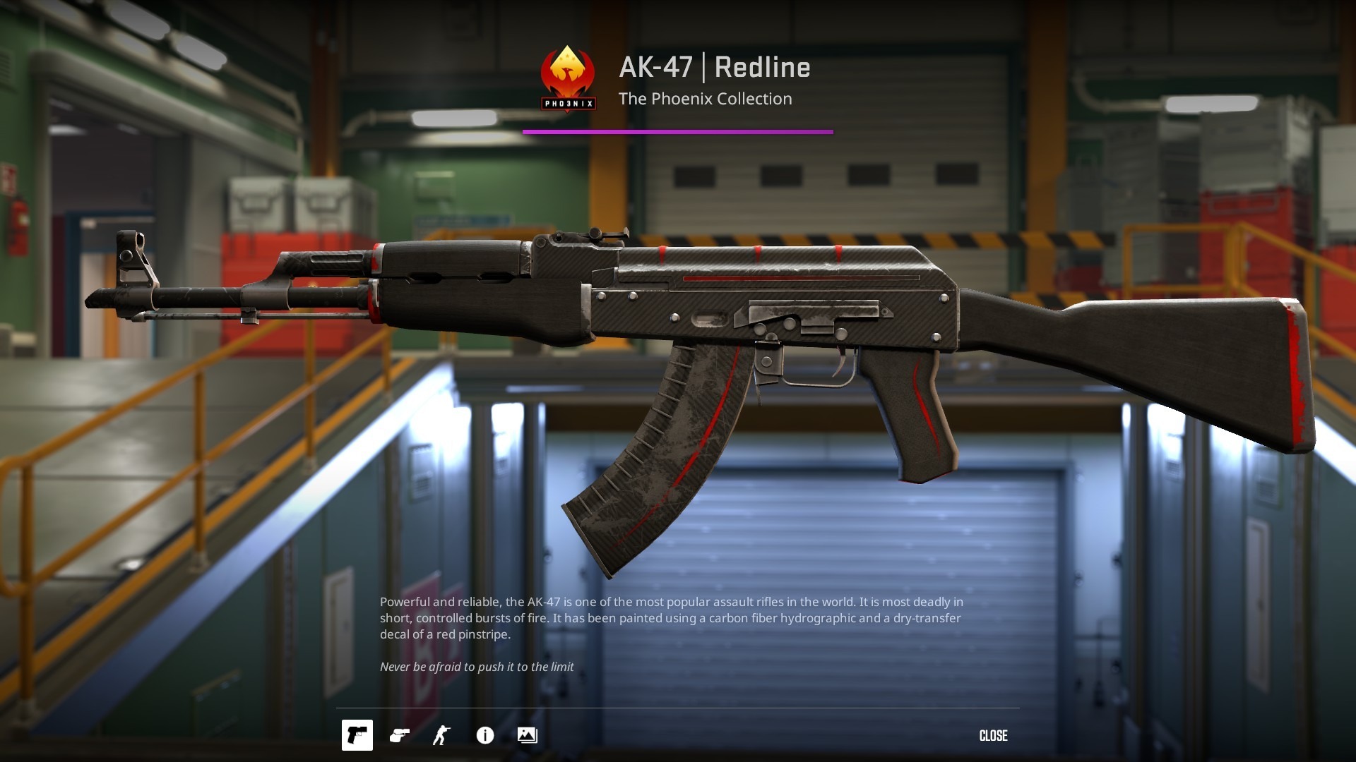 AK-47 | Redline with worn black carbon fiber and red pinstripes, shown on the CS2 inspect screen