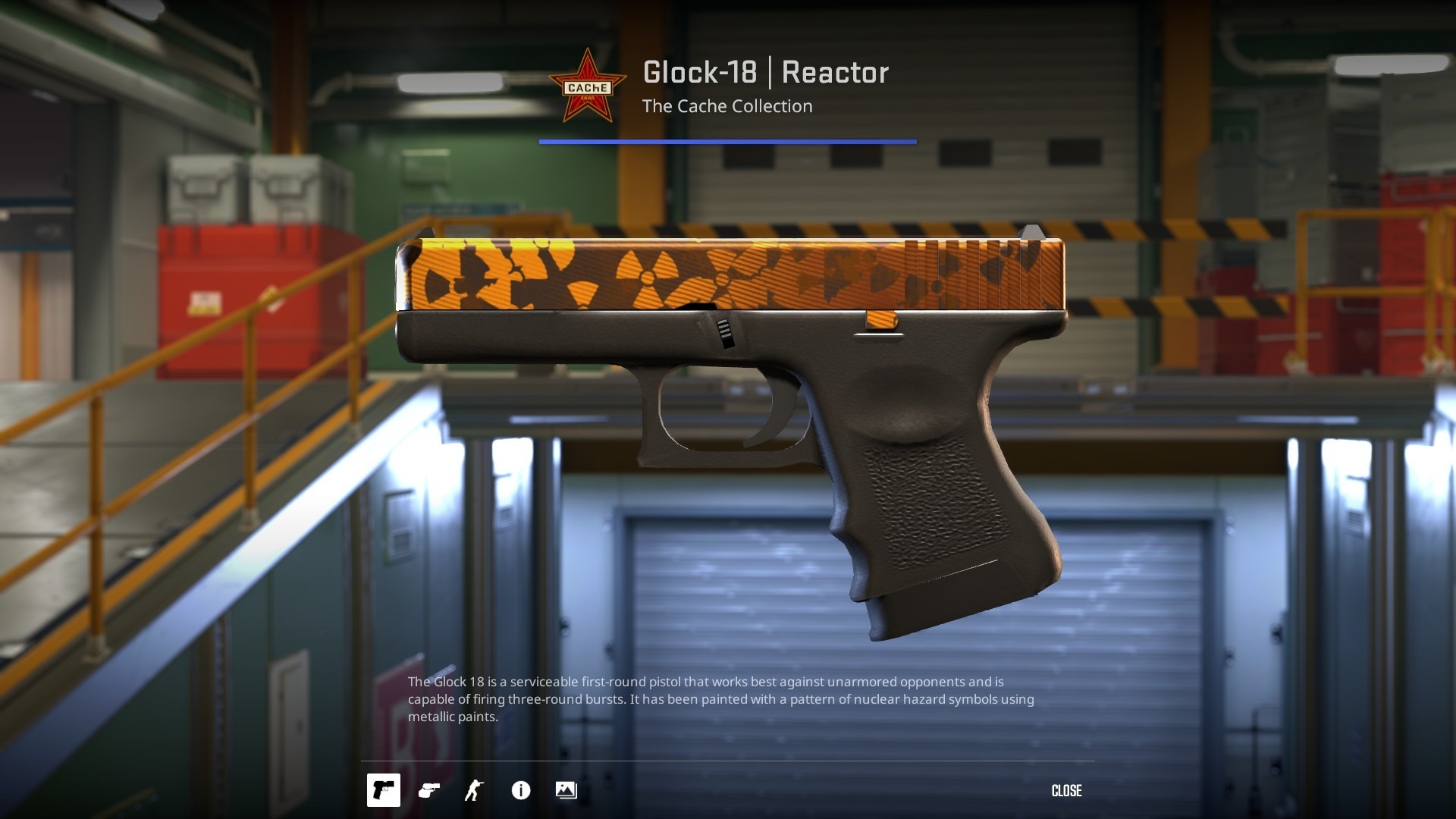 Glock-18 | Reactor with an orange slide covered in black nuclear hazard symbols, shown on the CS2 inspect screen