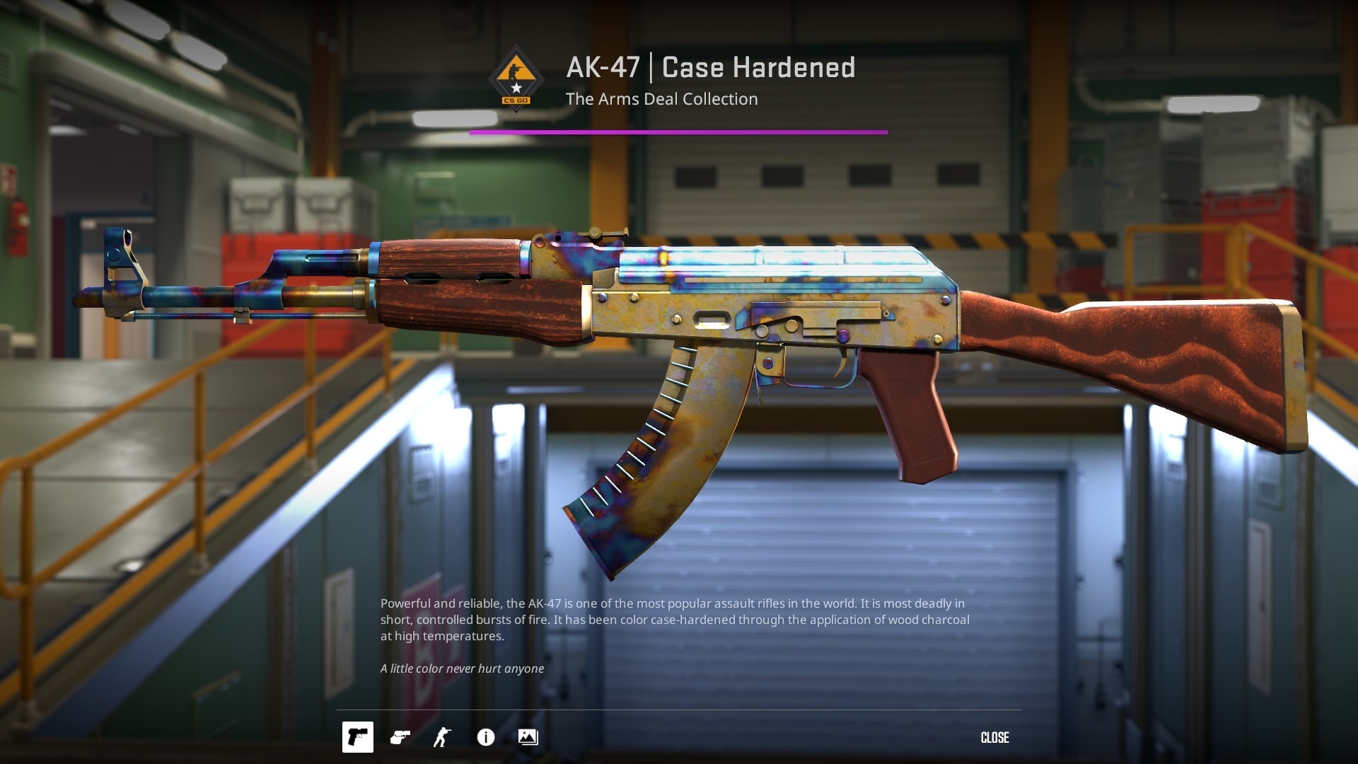 AK-47 | Case Hardened with blue and gold metal and brown wood furniture, shown on the CS2 inspect screen