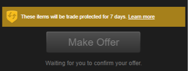 Steam trade offer window with a notice that items will be trade protected for 7 days and a disabled Make Offer button