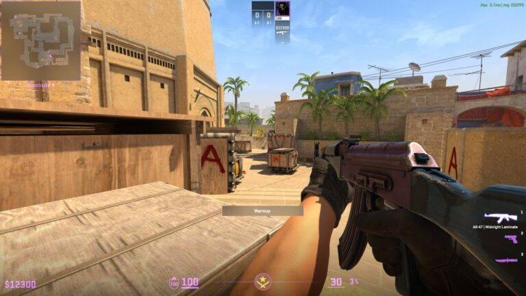 First-person view of an AK-47 | Midnight Laminate with a purple and pink receiver on a desert map
