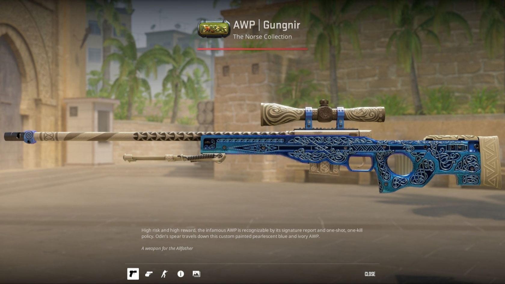 AWP | Gungnir with blue and silver Norse knotwork and ivory accents, shown in the CS2 inspect screen