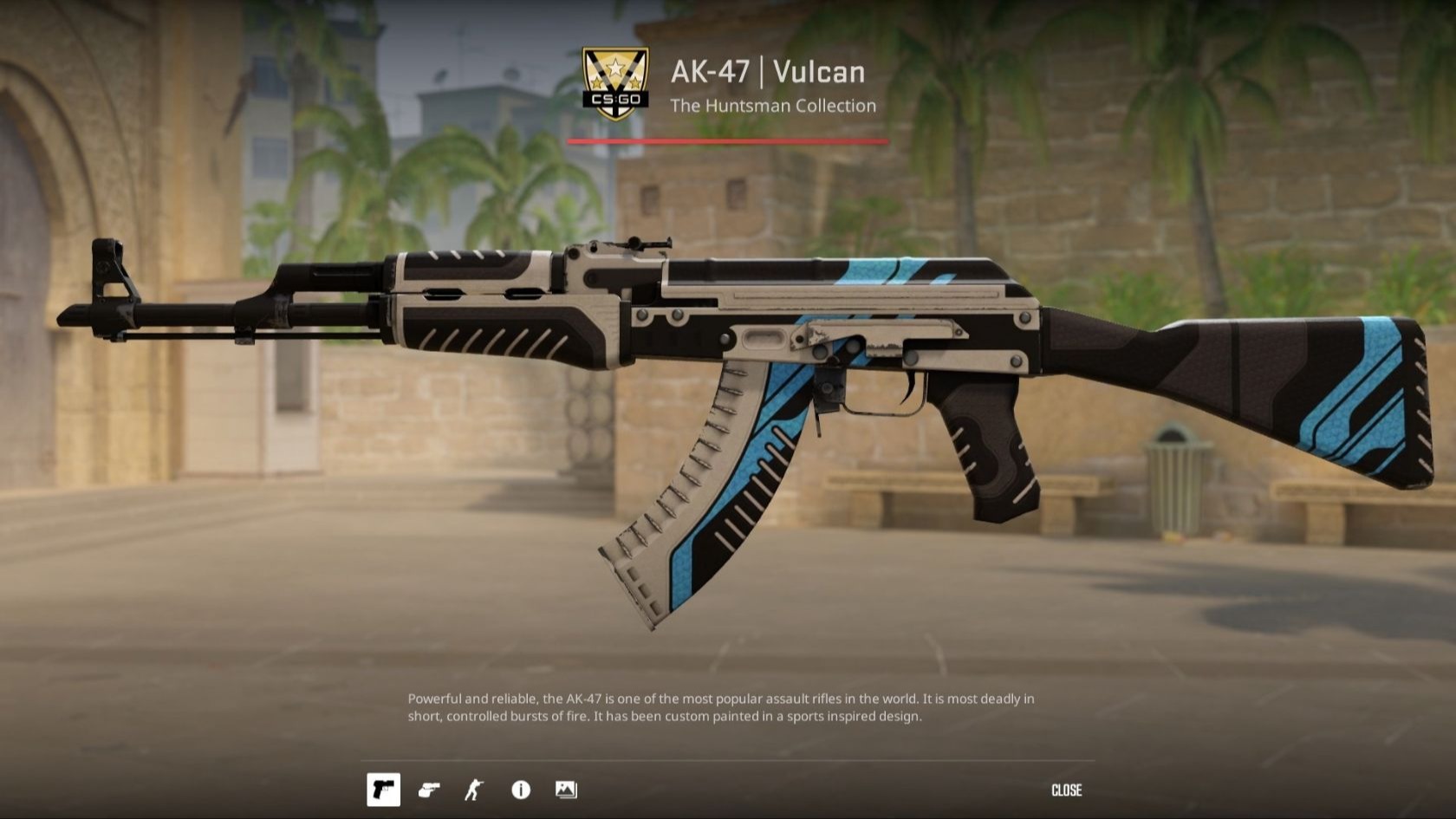 AK-47 | Vulcan with a black and cream body and cyan blue accents, shown in the CS2 inspect screen