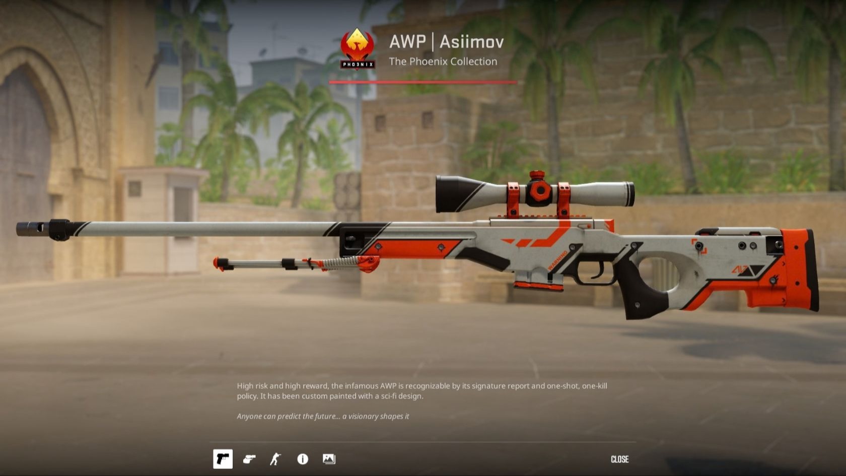 AWP | Asiimov with a white and gray body, orange accents, and black trim, shown in the CS2 inspect screen