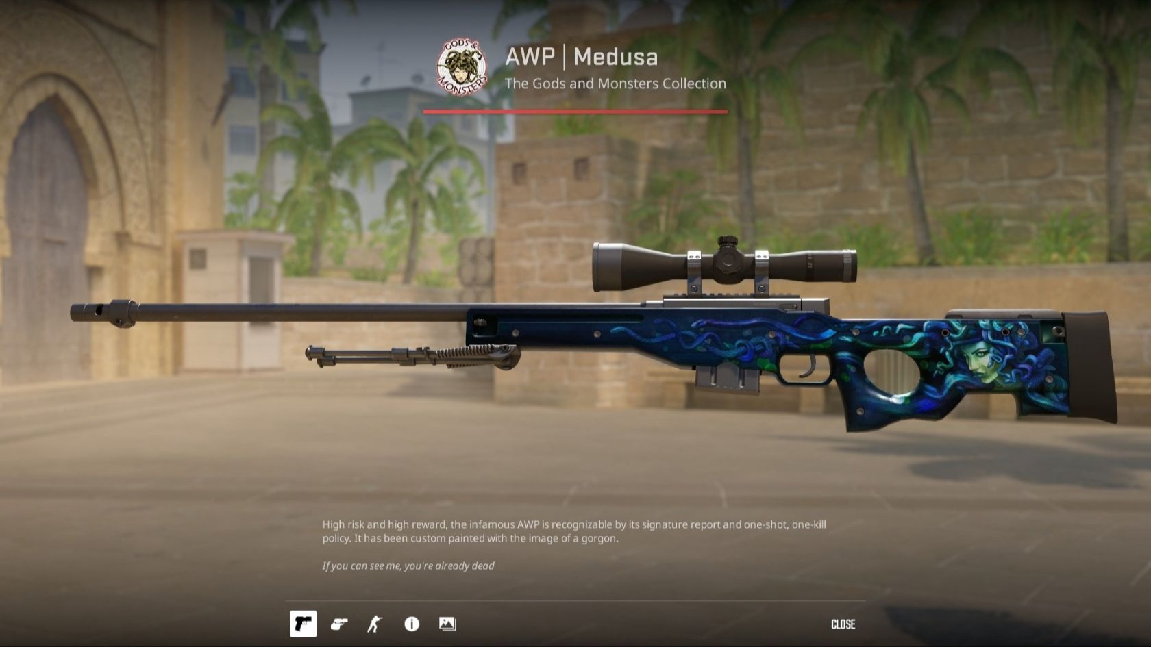 AWP | Medusa with a blue and green gorgon portrait and snakes on the stock, shown in the CS2 inspect screen