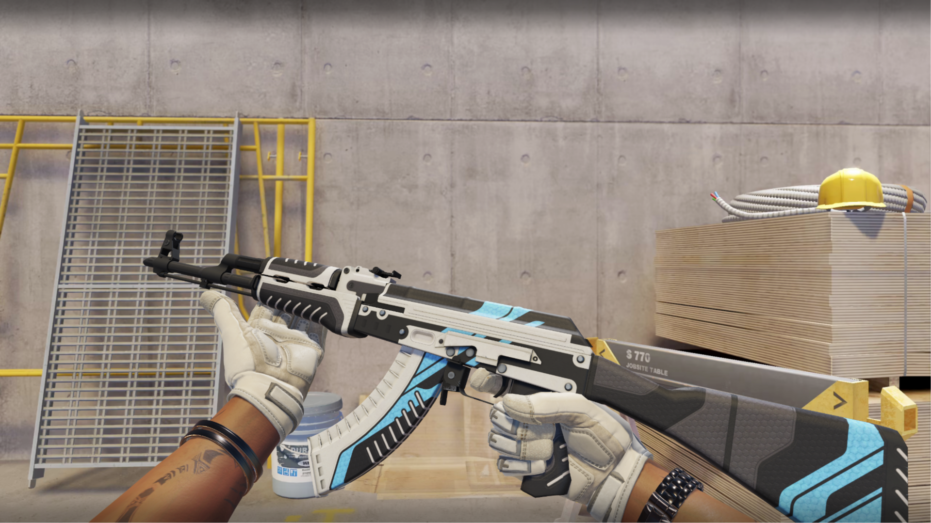 AK-47 | Vulcan with a white and black body and cyan blue accents, shown in-game at a construction site