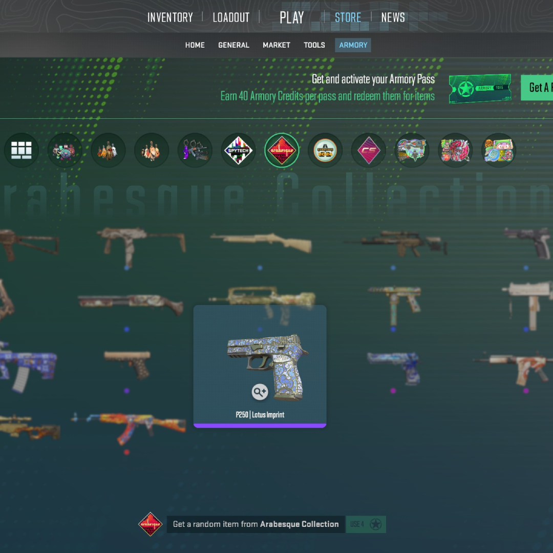 CS2 Armory Pass shop showing Arabesque Collection weapon skins with the P250 | Lotus Imprint selected