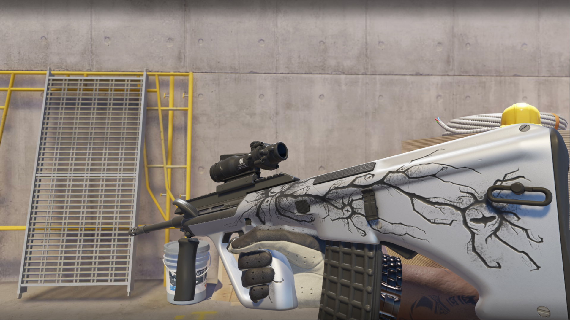 AUG | Creep with black root-like veins across a white body, shown in-game at a construction site