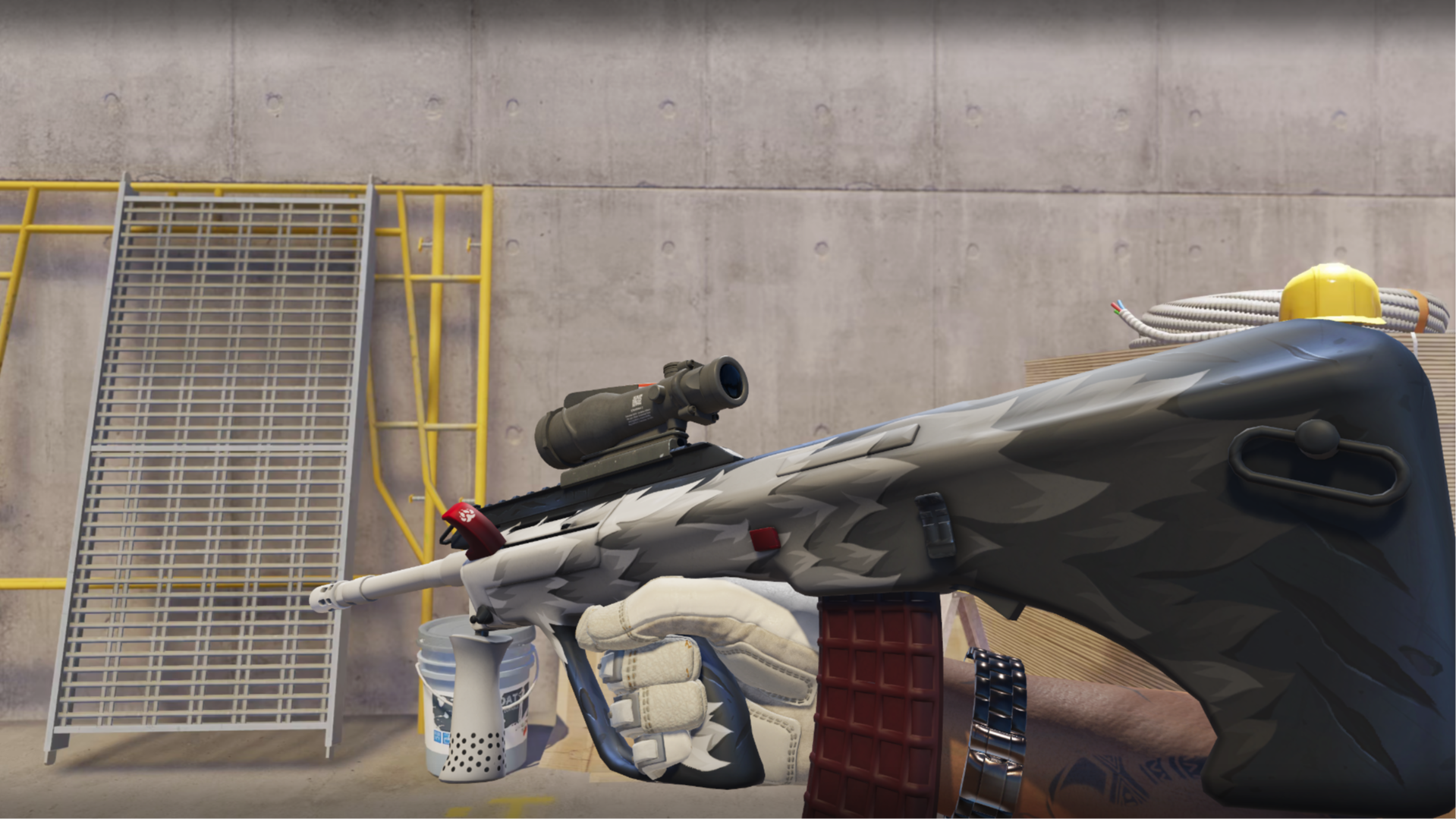 AUG | Arctic Wolf with a white and gray fur pattern and red accents, shown in-game at a construction site