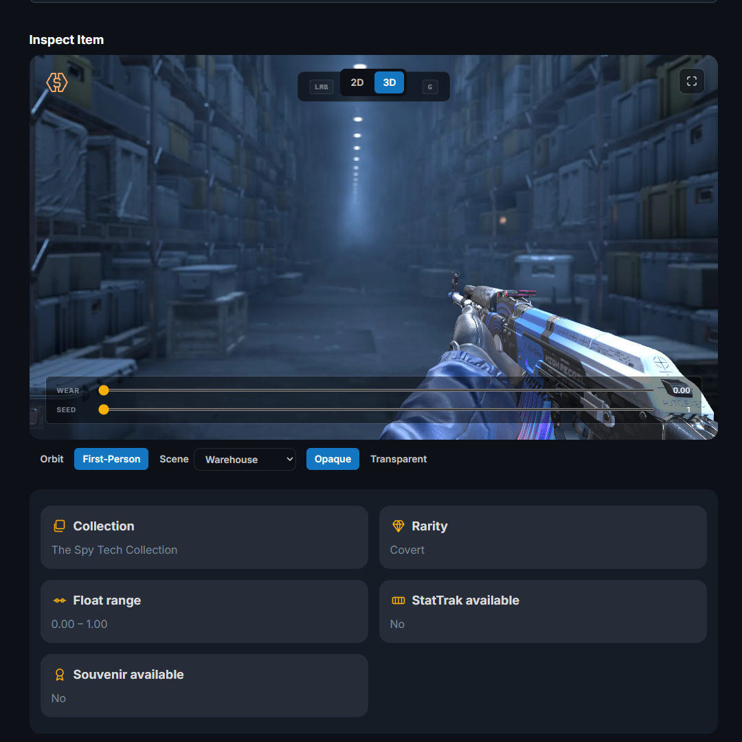 CS2 inspect menu showing the AK-47 | AUTOEXEC, a Covert skin from the Spy Tech Collection