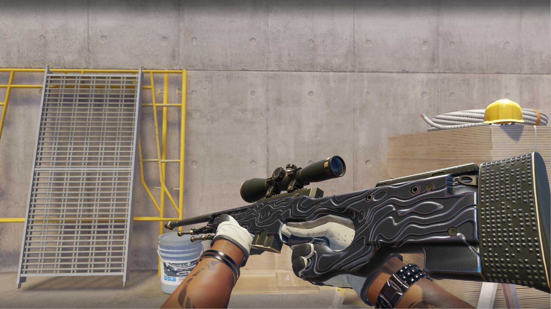 AWP | Black Nile with silver wavy contour lines on a dark frame, shown in-game at a construction site