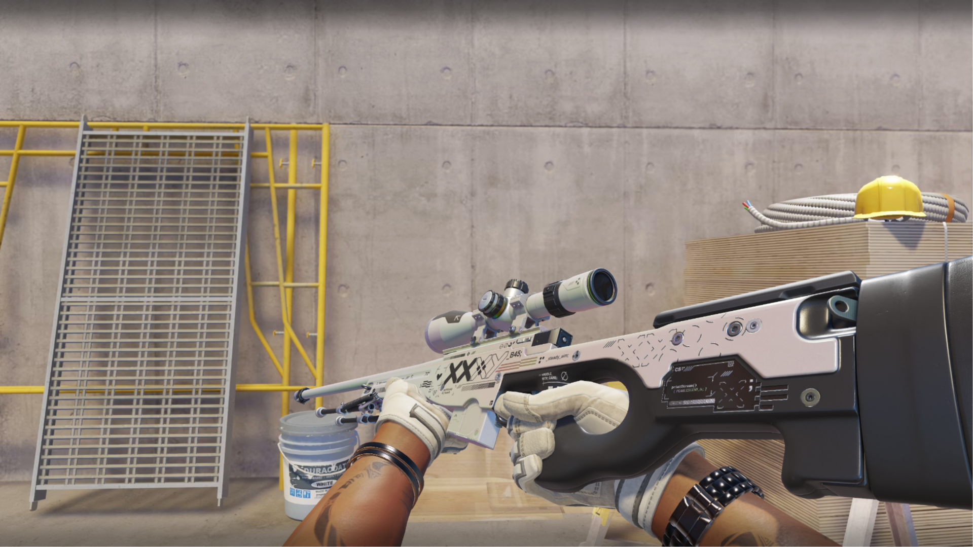 AWP | Printstream with a white and silver body and black stock, shown in-game at a construction site