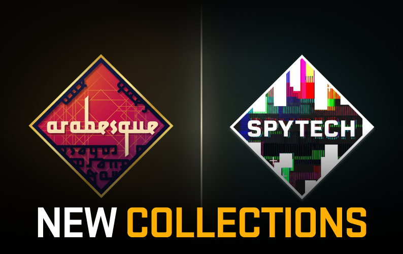 CS2 Season 5 New Collections graphic featuring the Arabesque and Spy Tech collection badges