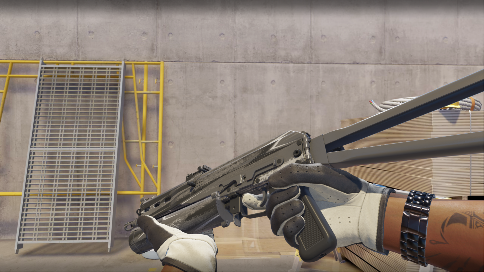 PP-Bizon | Bizoom with scratched gray, black, and white angular markings, shown in-game at a construction site