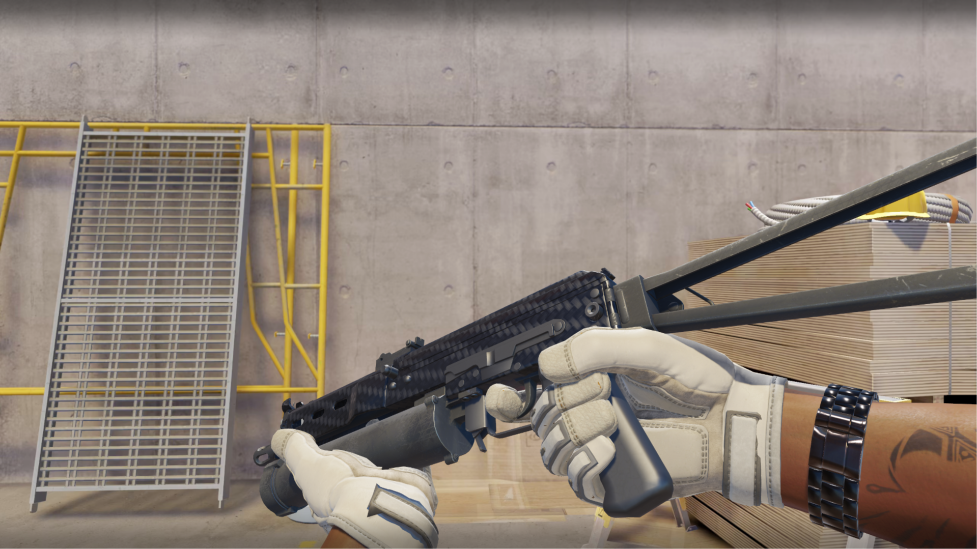 PP-Bizon | Carbon Fiber with a black woven carbon texture, shown in-game at a construction site