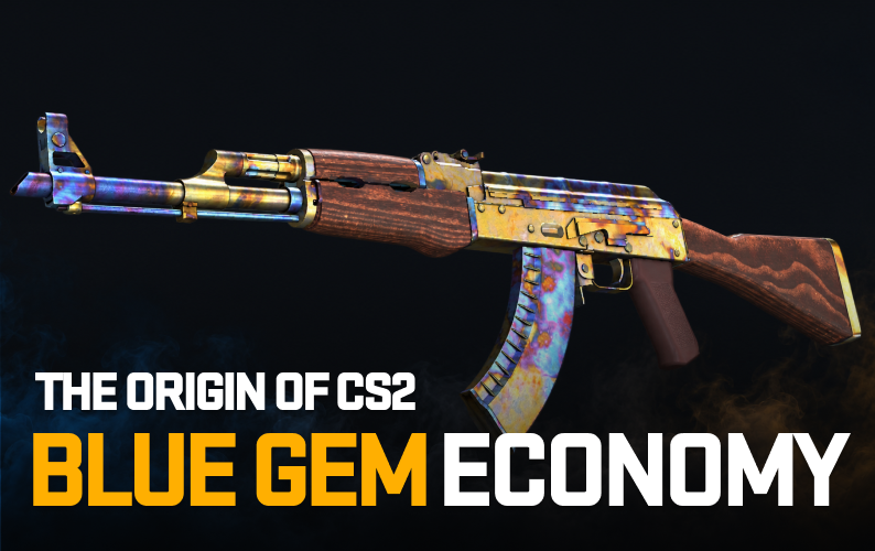 AK-47 Case Hardened Blue Gem with swirling blue, purple, and gold tones on a dark background