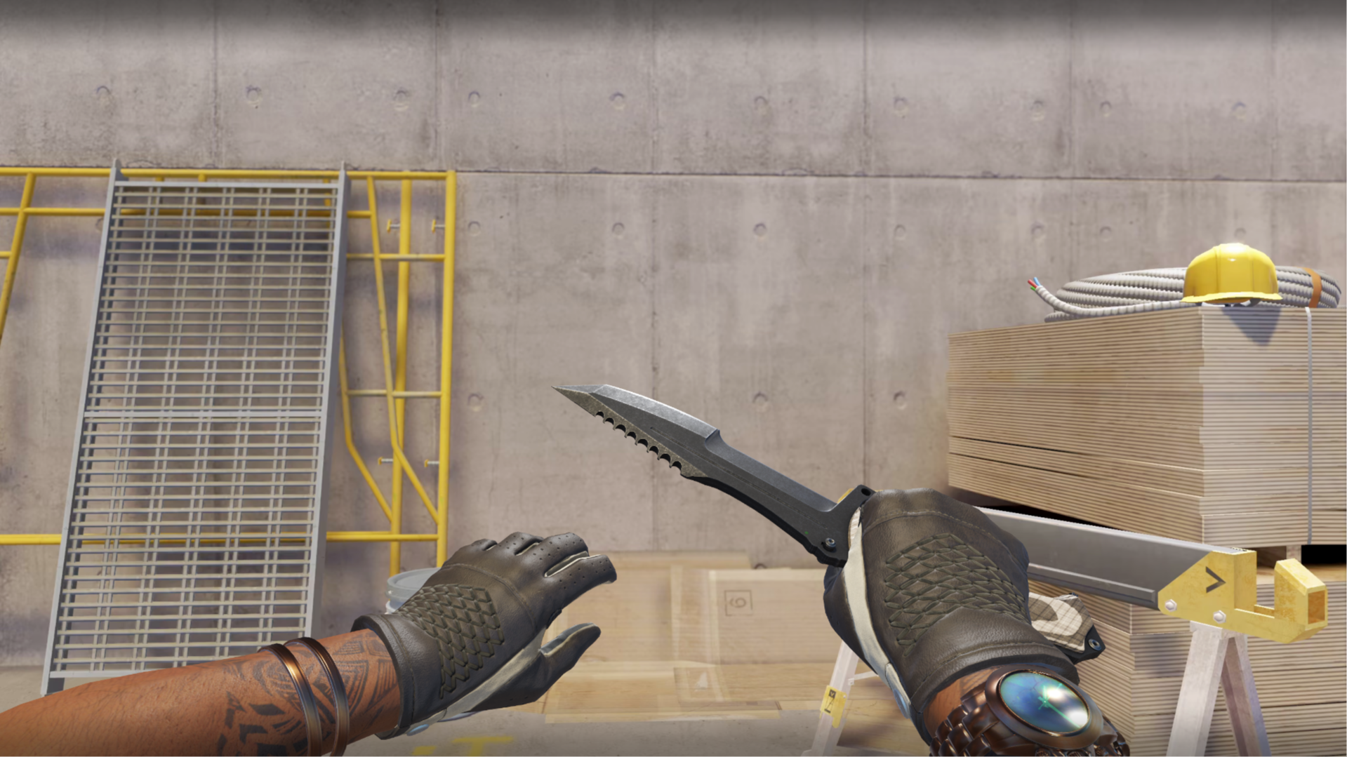 Huntsman Knife | Black Laminate and Driver Gloves | Black Tie shown in-game at a construction site
