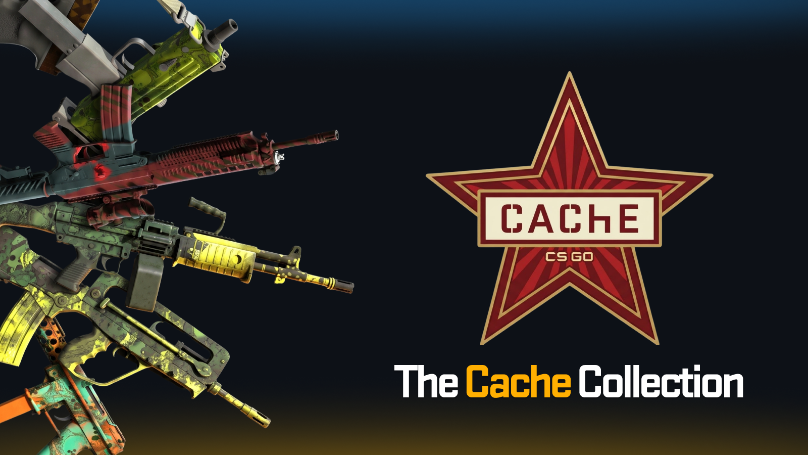 CS2 Cache Collection weapon skins beside the official Cache map badge
