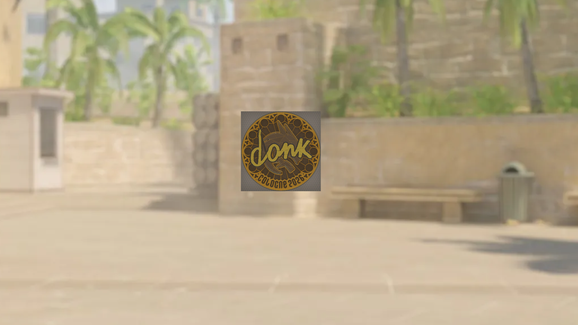 donk's circular gold Cologne 2026 sticker overlaid on a blurred in-game CS2 courtyard background
