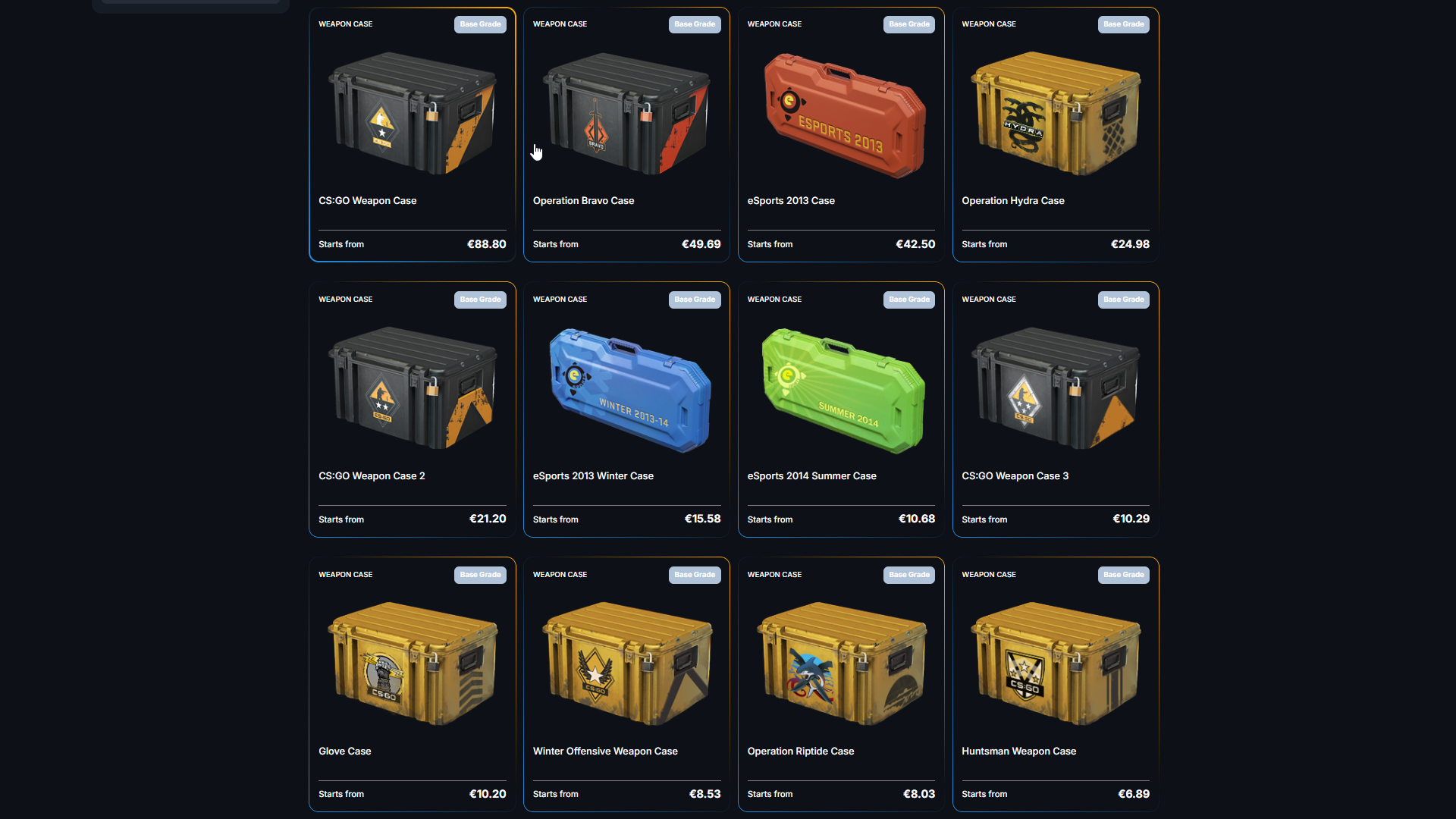 Skinscanner catalog page showing a grid of CS2 weapon cases with current prices in euros