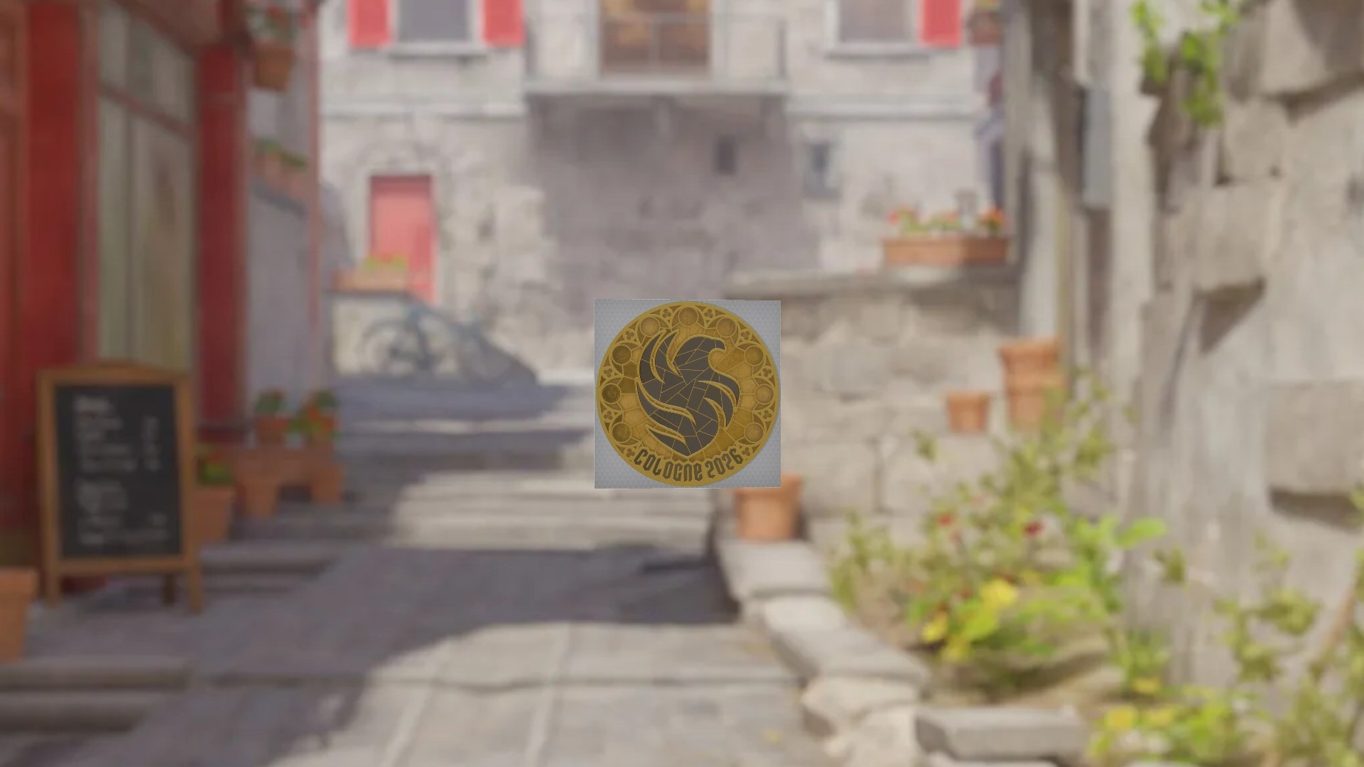 Falcons Cologne 2026 team sticker overlaid on a blurred in-game CS2 background