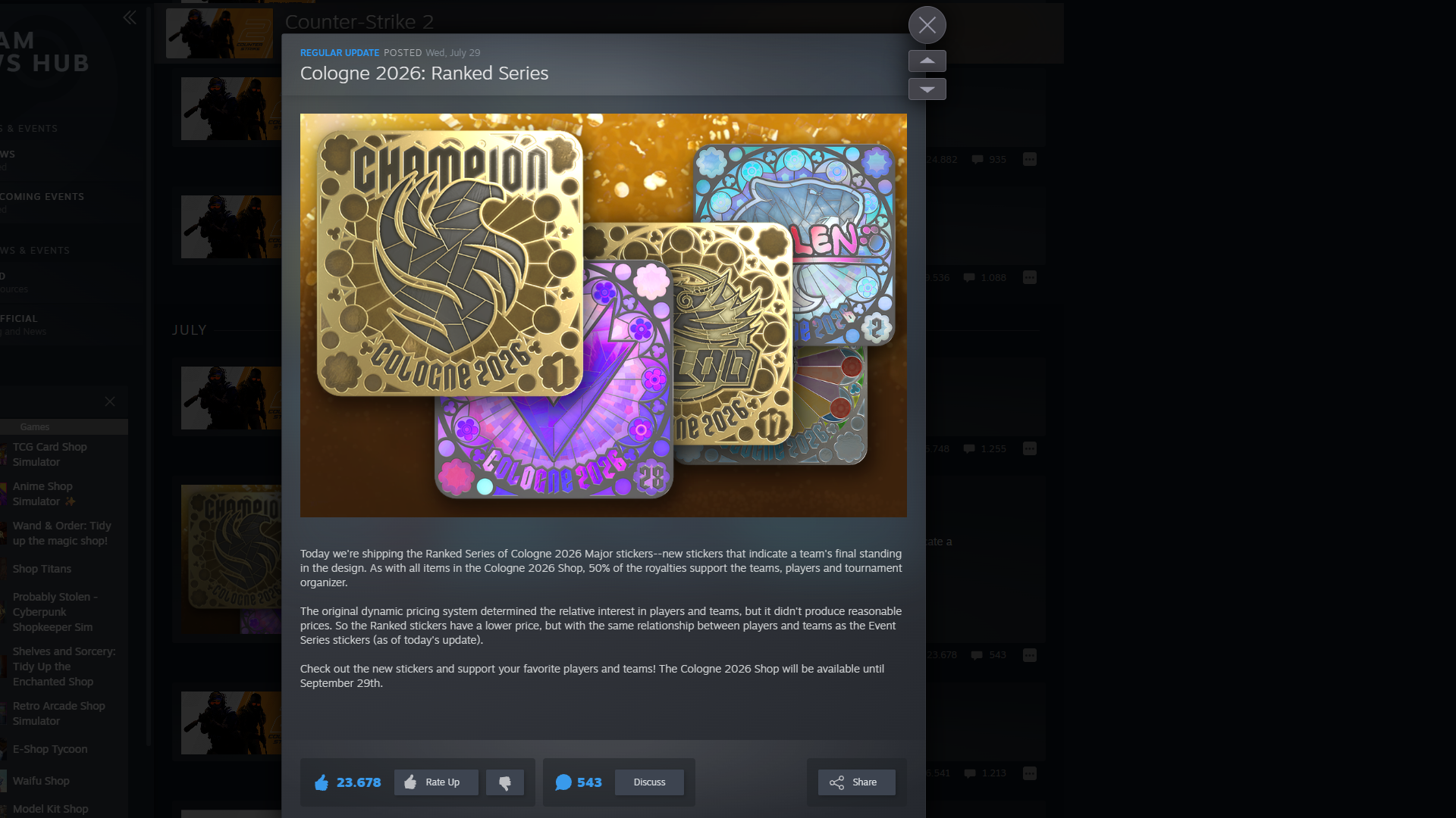 Steam announcement for Cologne 2026 Ranked Series stickers, showing a gold Champion badge and colorful team sticker designs