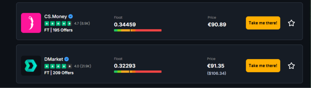 CS.Money and DMarket listings with Field-Tested float values of 0.34459 and 0.32293 on a colored wear bar