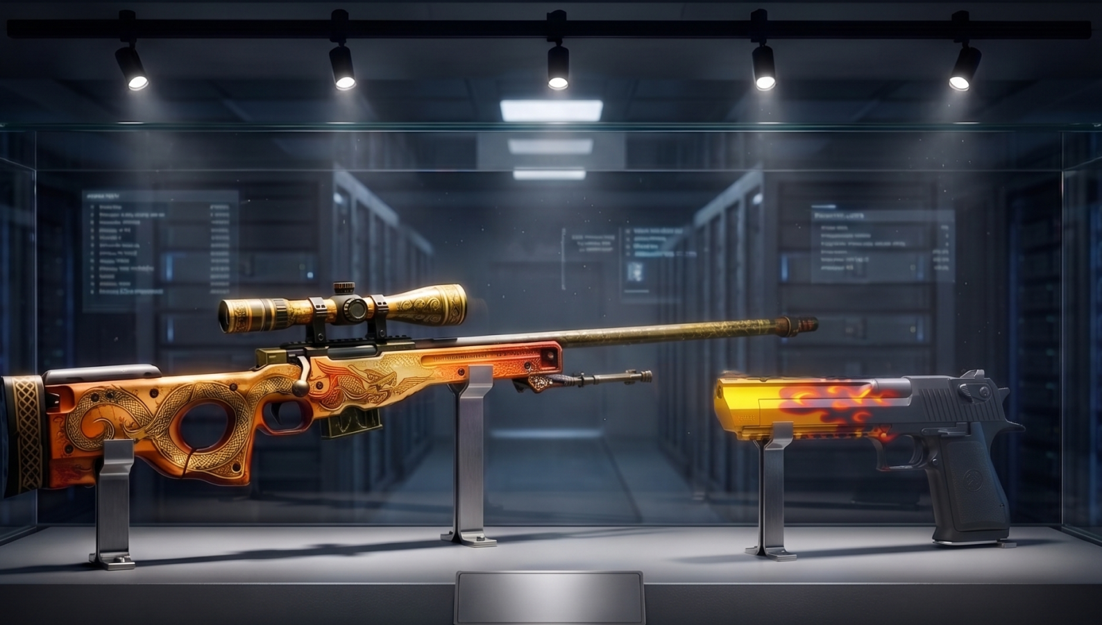 AWP Dragon Lore skin displayed on a stand in a futuristic server room, with a Desert Eagle Blaze skin resting beside it