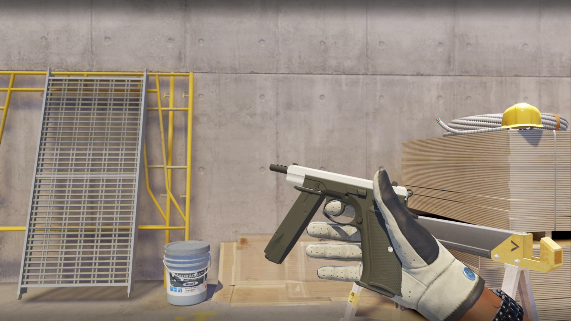 CZ75-Auto | Tuxedo with a white slide and dark olive frame, shown in-game at a construction site