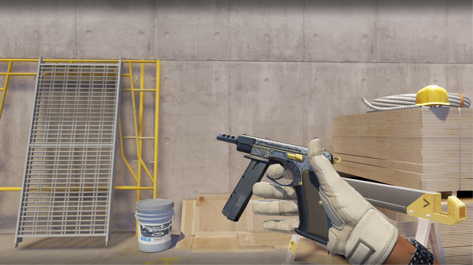 CZ75-Auto | Victoria with ornate engraved silver scrollwork and gold accents, shown in-game at a construction site