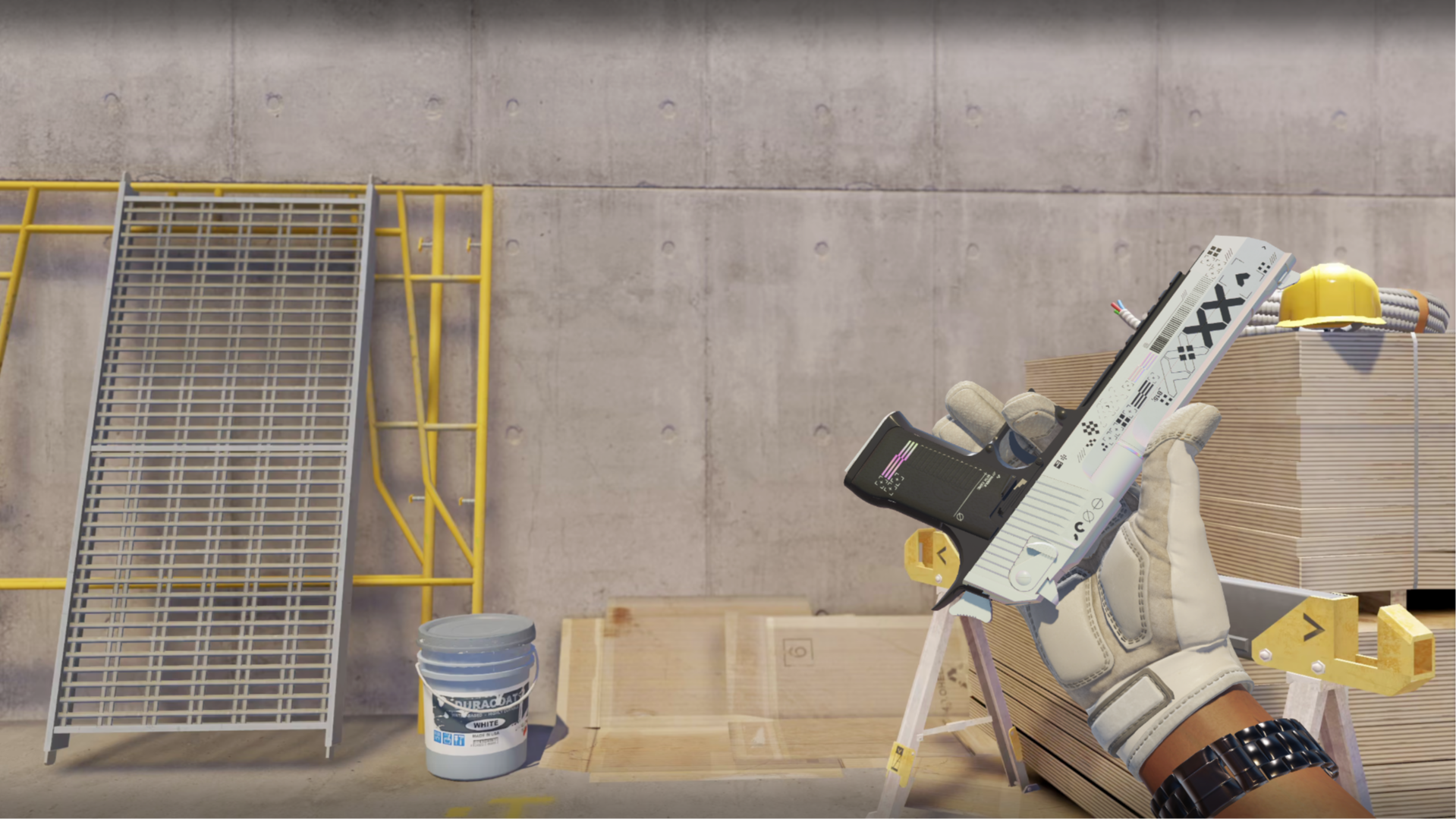 Desert Eagle | Printstream in white with a black grip and code-style graphics, shown in-game at a construction site