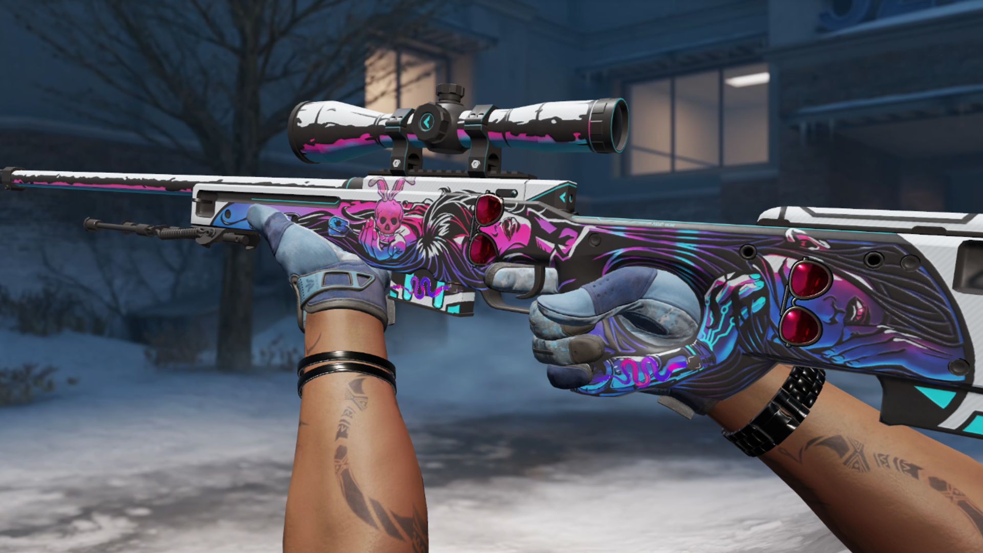AWP | Neo-Noir with Red Shades over the eyes, a Skull Bunny in the palm, and ZZZAP! stickers, shown in-game