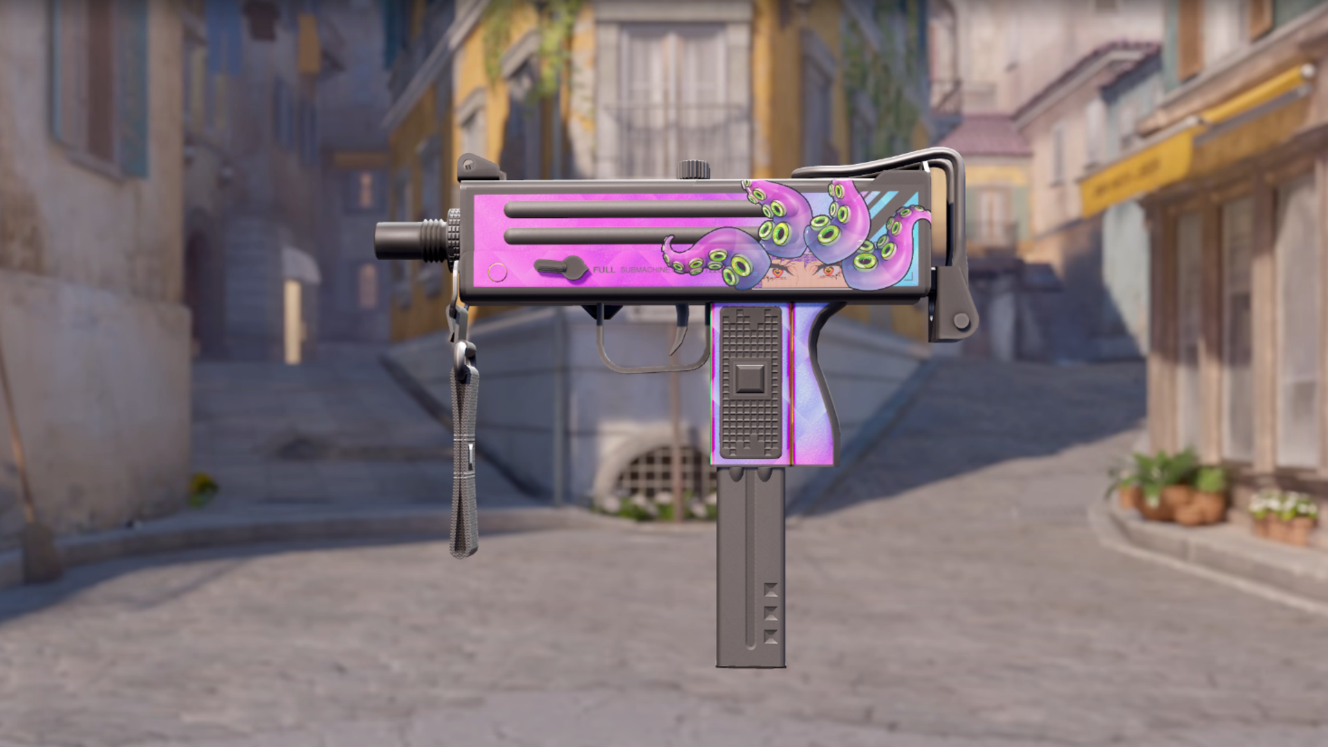 MAC-10 | Disco Tech in pink and purple with anime eyes and green-eyed tentacle stickers forming a Medusa look