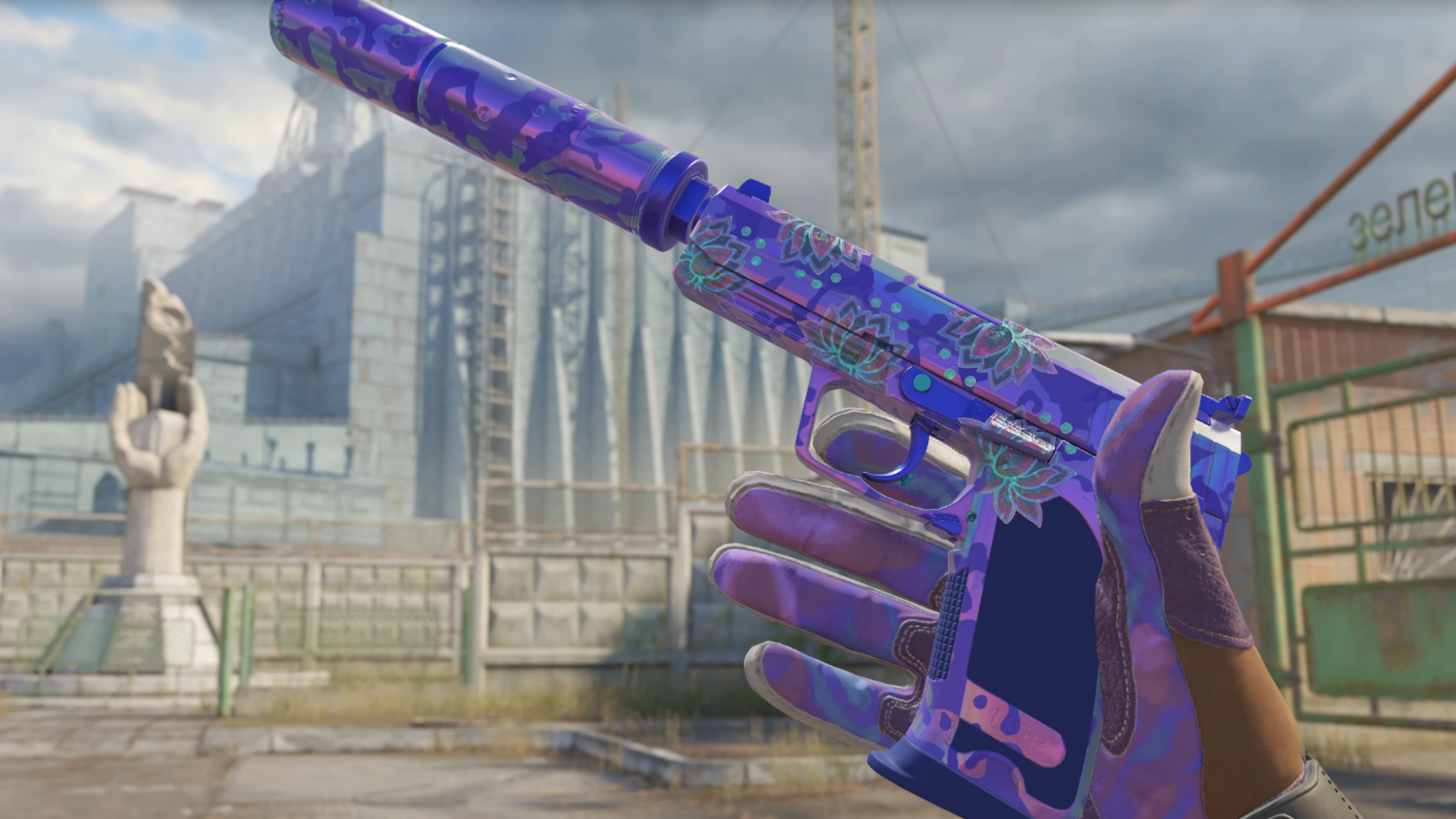 USP-S | Sleeping Potion in purple camo with teal and pink lotus stickers across the slide and frame, shown in-game