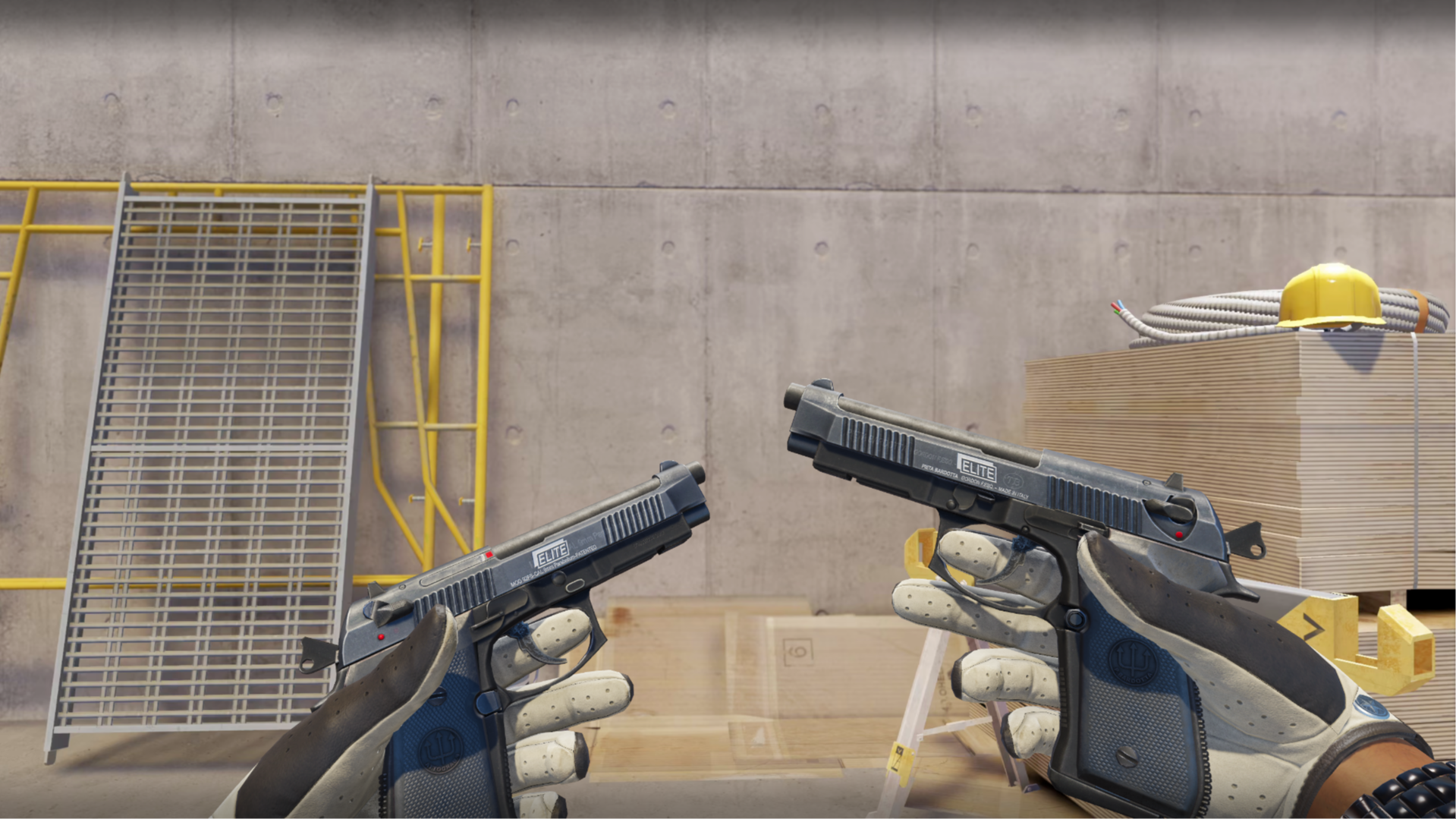Dual Berettas | Elite 1.6 in dark gray with Elite engravings and blue-gray grips, shown in-game at a construction site