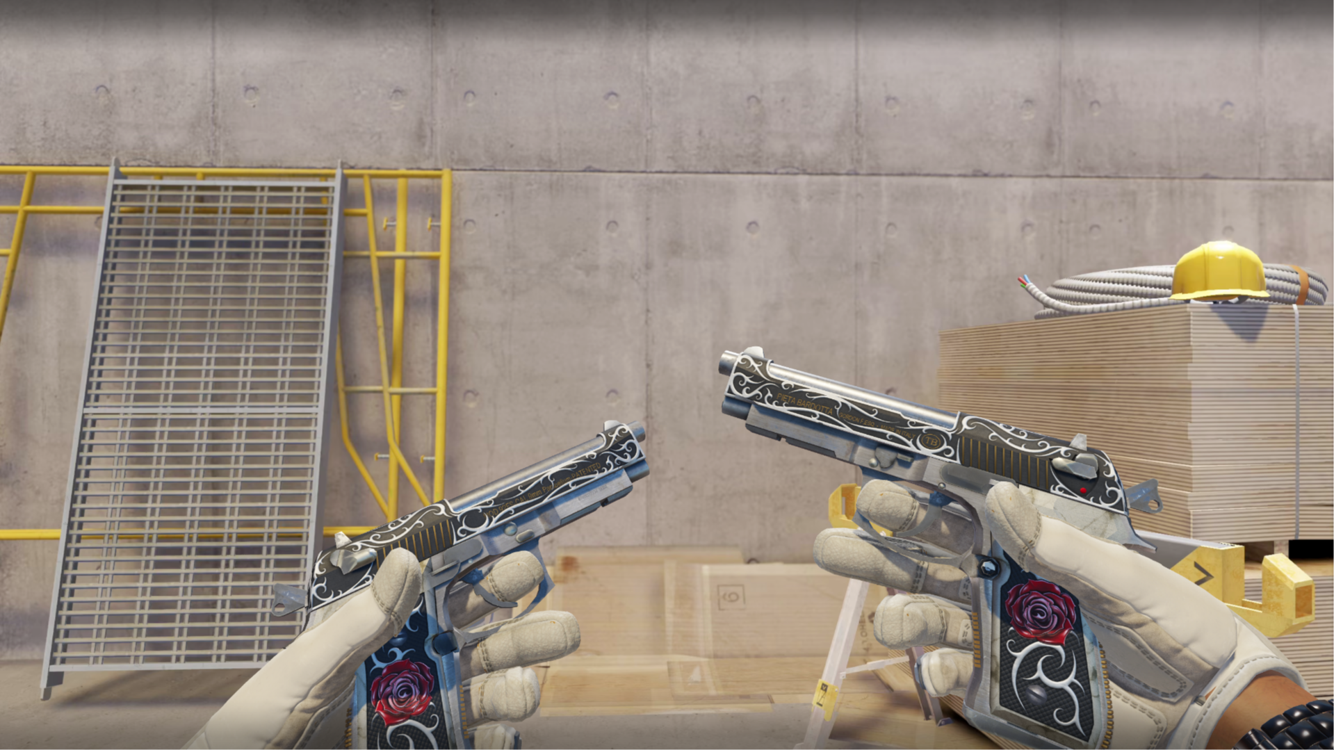 Dual Berettas | Balance with ornate white scrollwork and red rose grips, shown in-game at a construction site