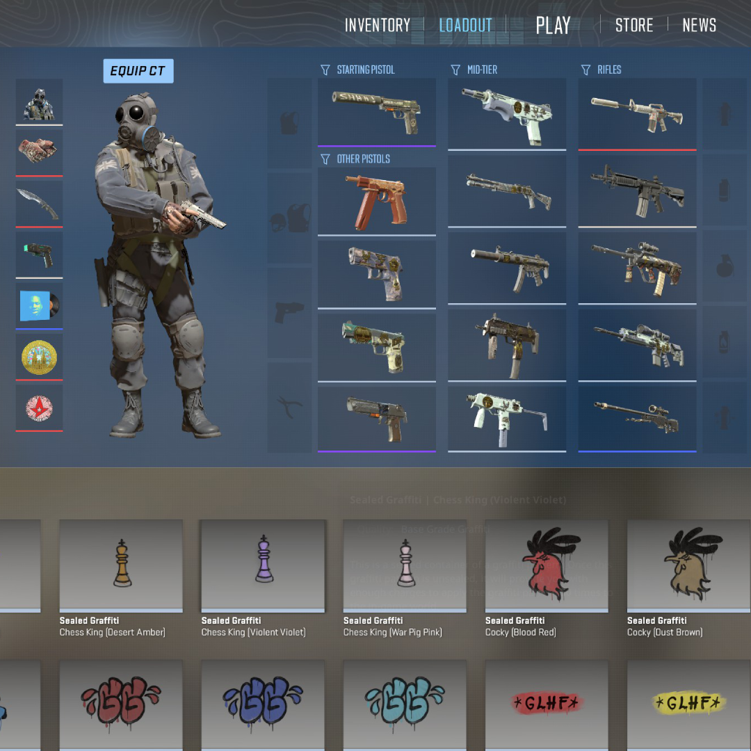 CS2 in-game loadout customization screen showing a mismatched weapon skin selection