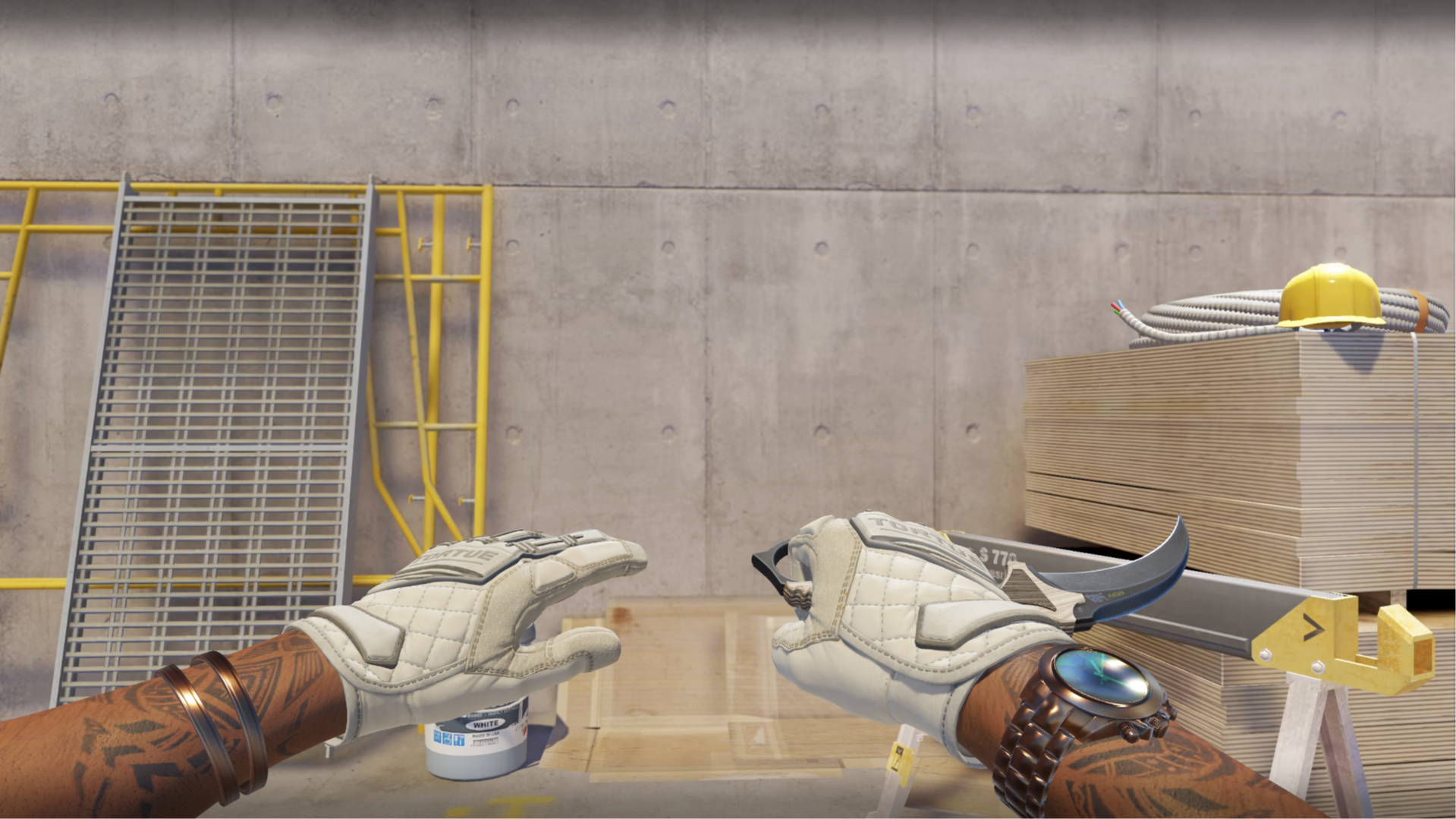 Karambit | Black Laminate and Specialist Gloves | Pillow Punchers shown in-game at a construction site