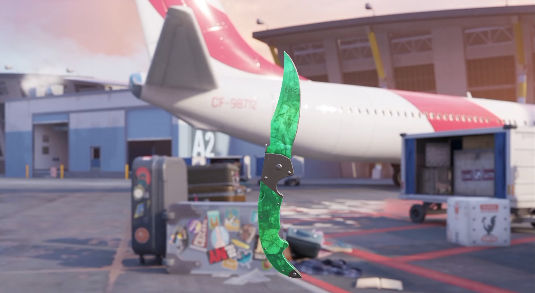 Falchion Knife with a green marbled blade and handle and gray bolsters, shown in-game at an airport