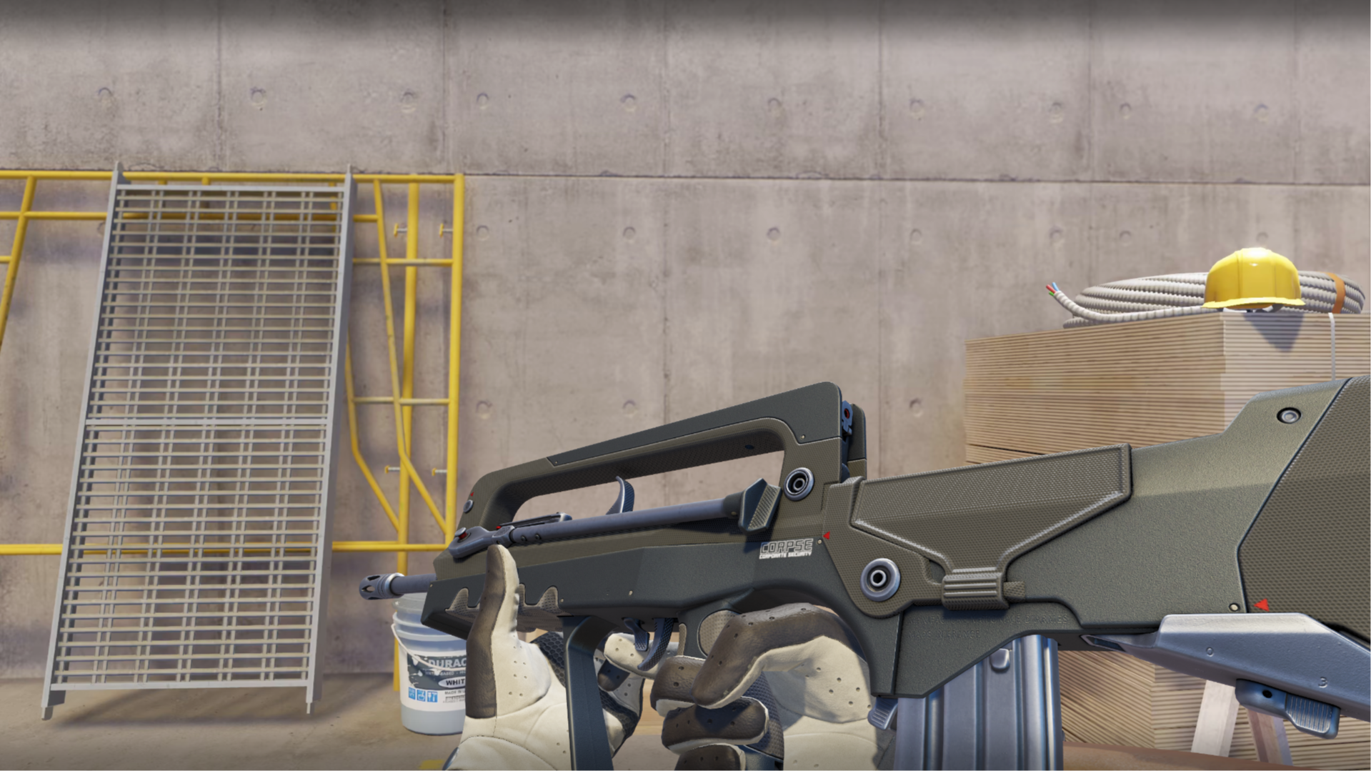 FAMAS | Corp Defense in dark olive gray with a fine carbon texture, shown in-game at a construction site
