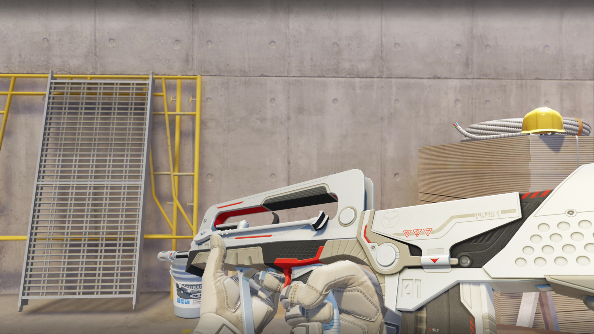FAMAS | Mecha Industries with a white body and red accents, shown in-game at a construction site