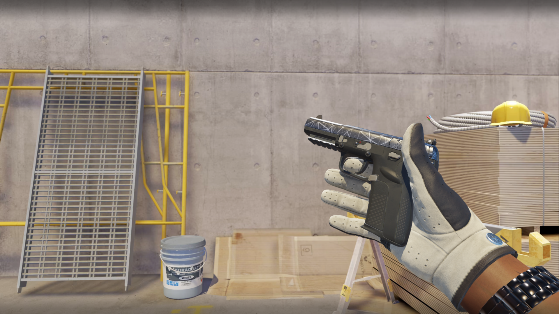 Five-SeveN | Silver Quartz with a black slide and fine white crystal-like lines, shown in-game at a construction site