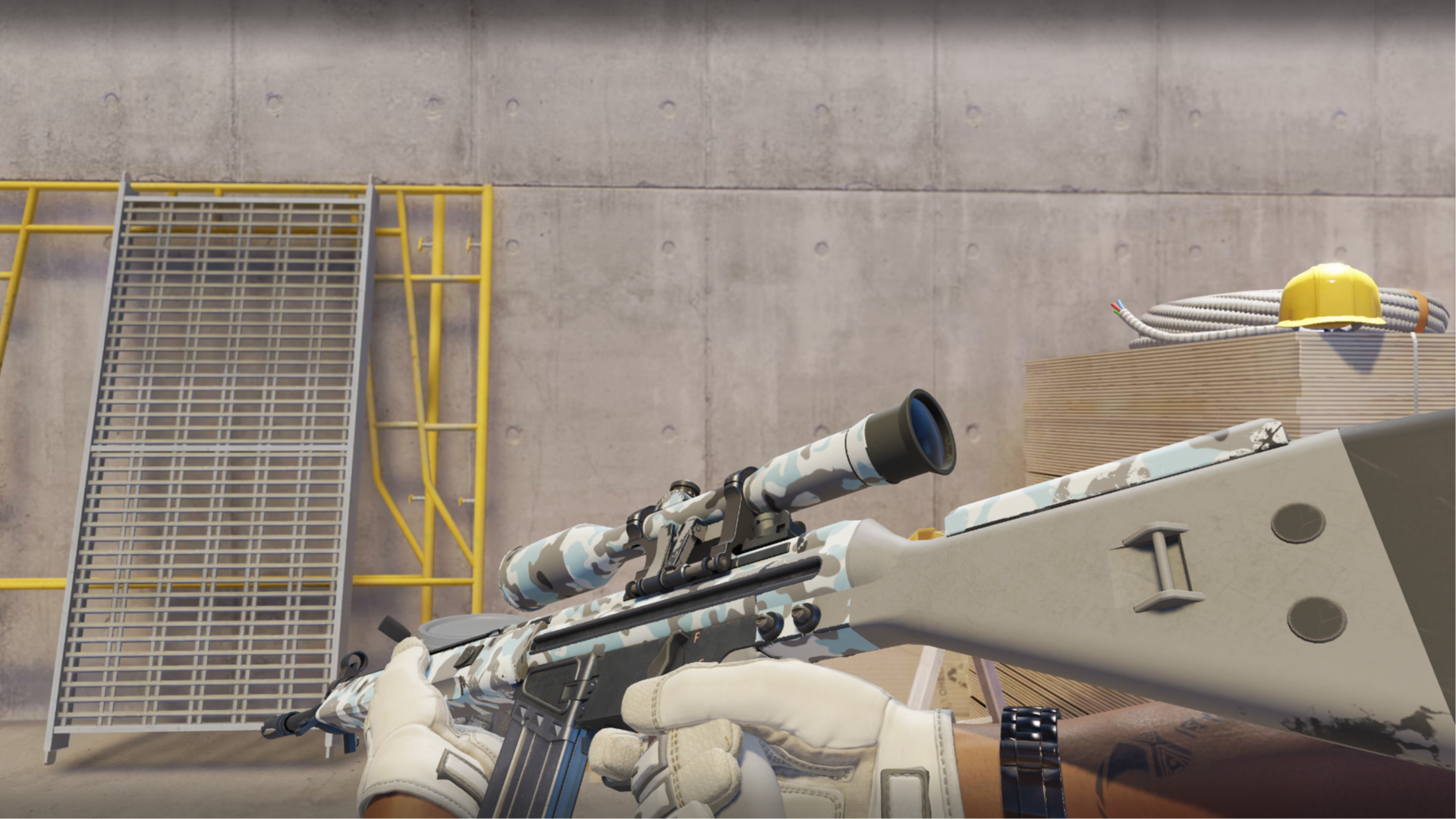 G3SG1 | Arctic Camo with a white, gray, and pale blue camouflage pattern, shown in-game at a construction site