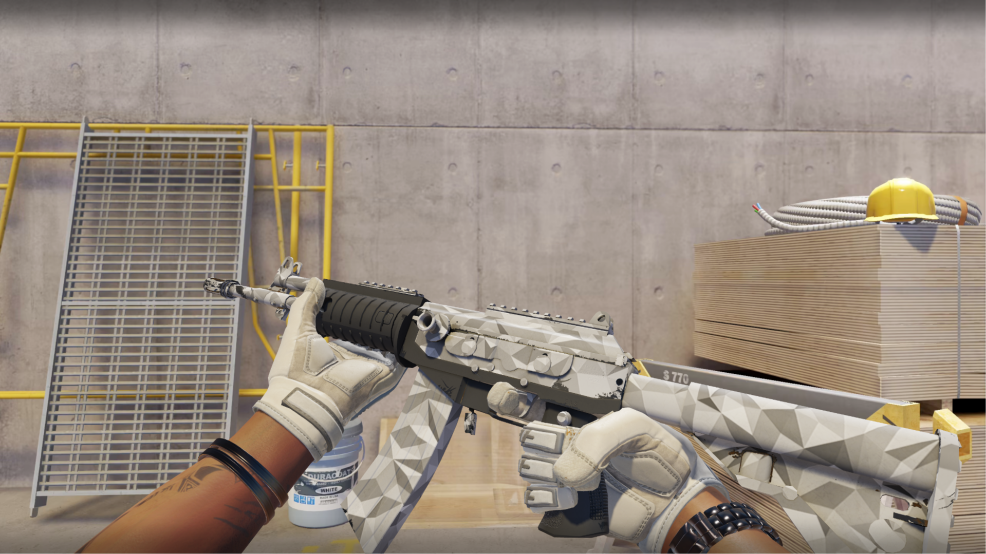 Galil AR | Shattered with a white and gray faceted pattern, shown in-game at a construction site
