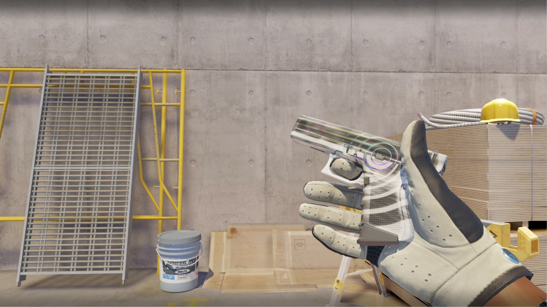 Glock-18 | Trace Lock in white and gray with thin multicolored circuit lines, shown in-game at a construction site