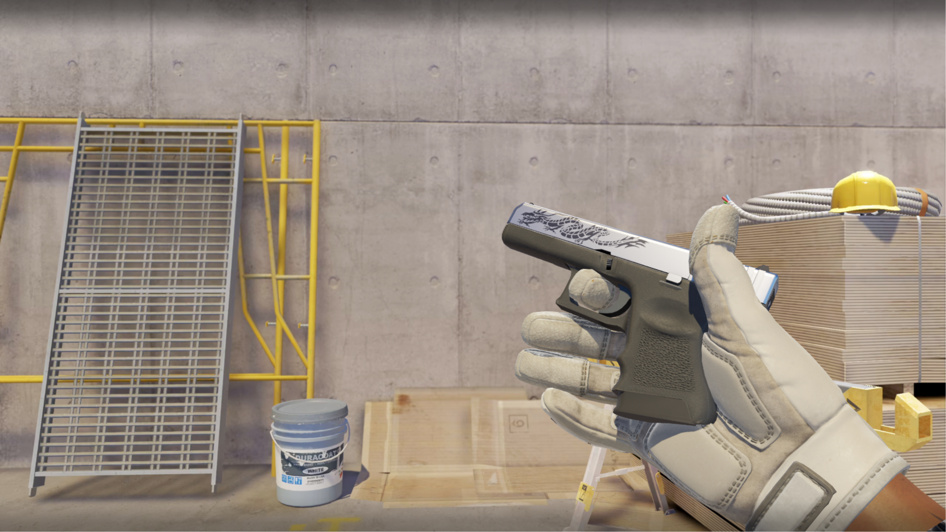 Glock-18 | Dragon Tattoo with a black dragon on a white slide and olive frame, shown in-game at a construction site