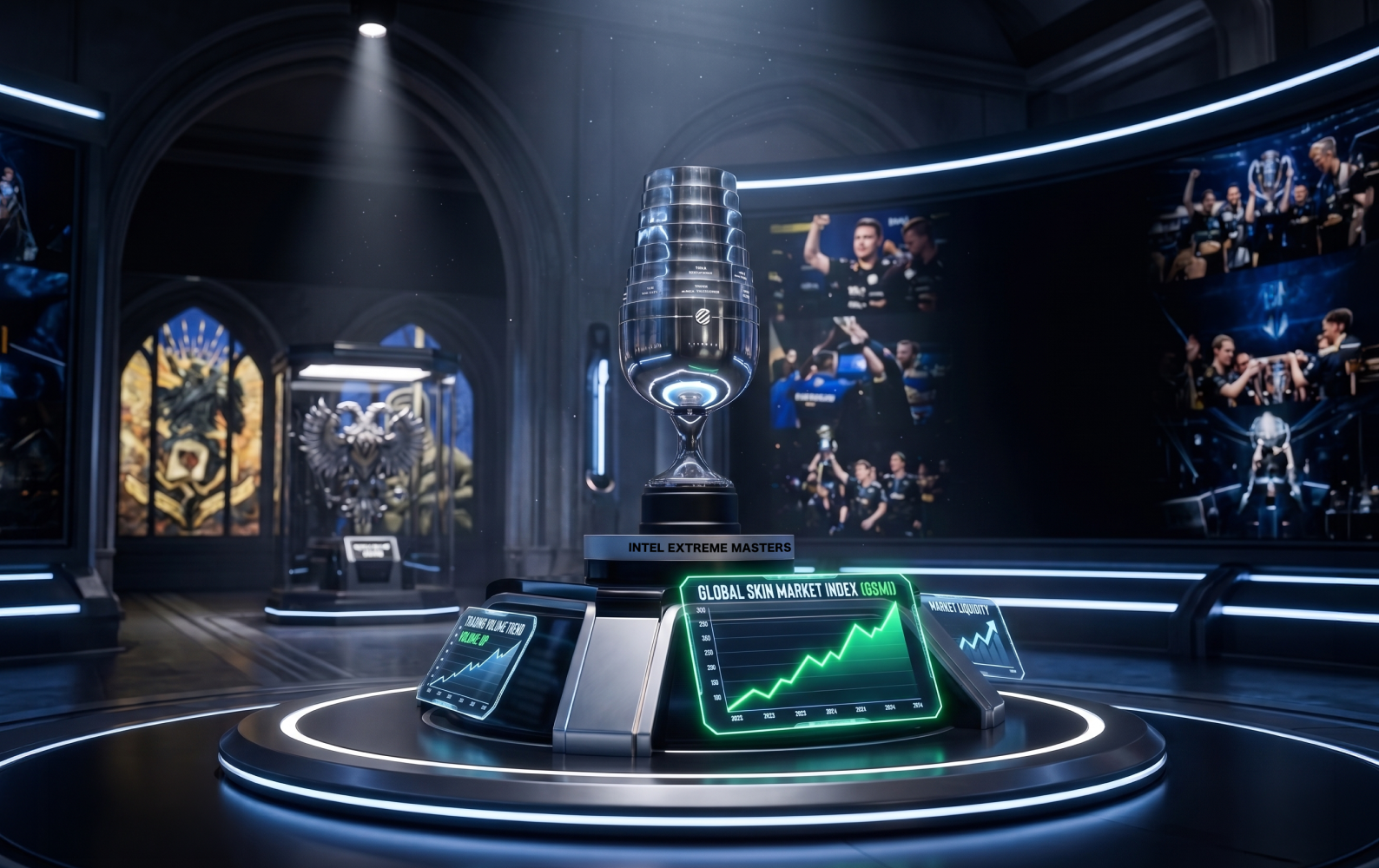 The IEM trophy displayed on an illuminated stage with screens showing market data charts, set within a gothic-arched hall