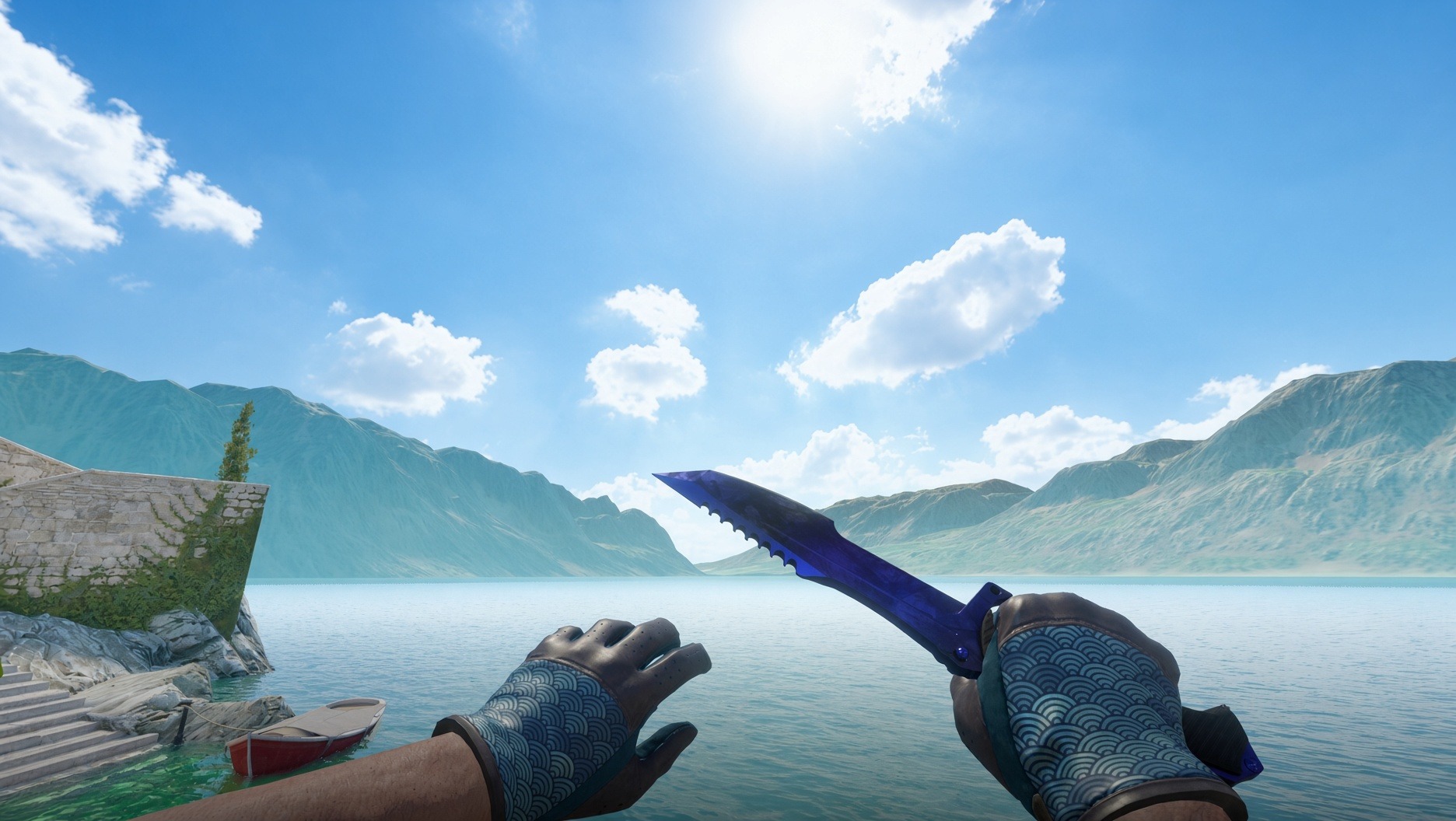 Huntsman Knife | Doppler Phase 4 and Driver Gloves | Seigaiha shown in-game by a lake