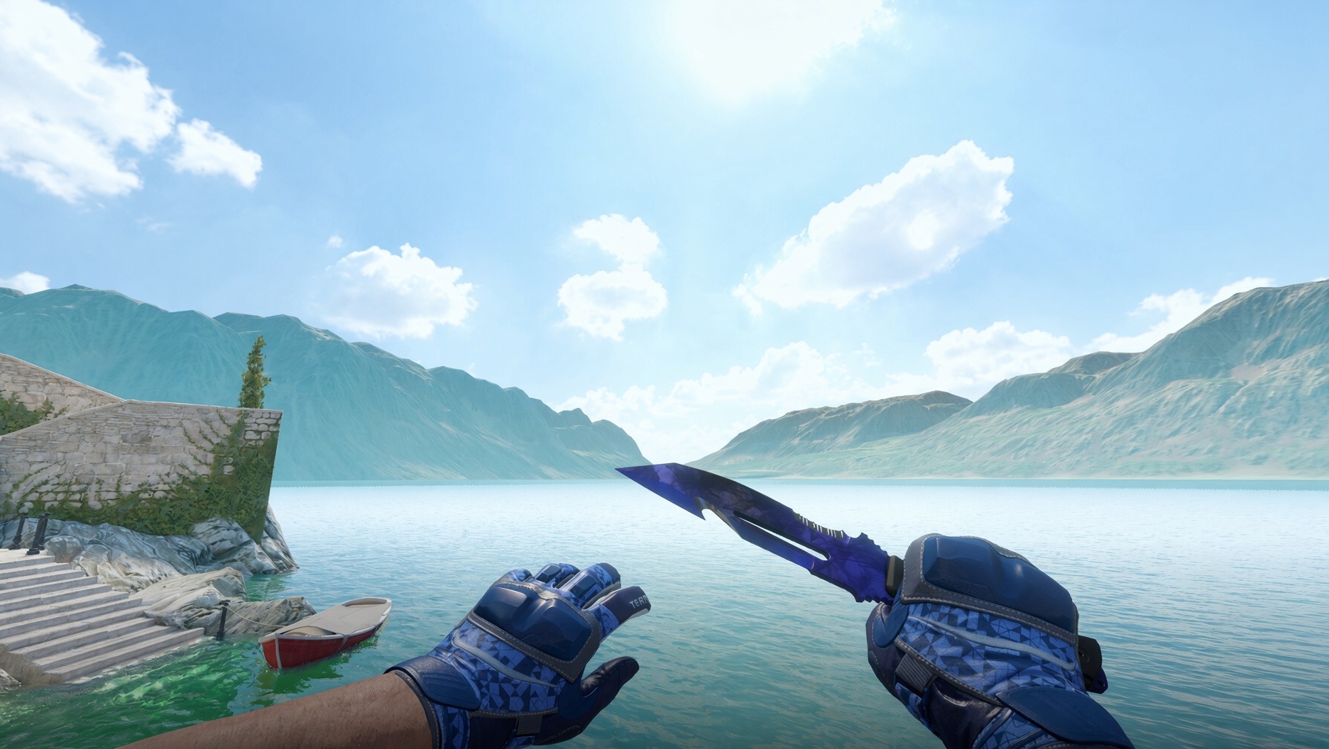 Survival Knife | Doppler Phase 4 and Moto Gloves | Polygon shown in-game by a lake