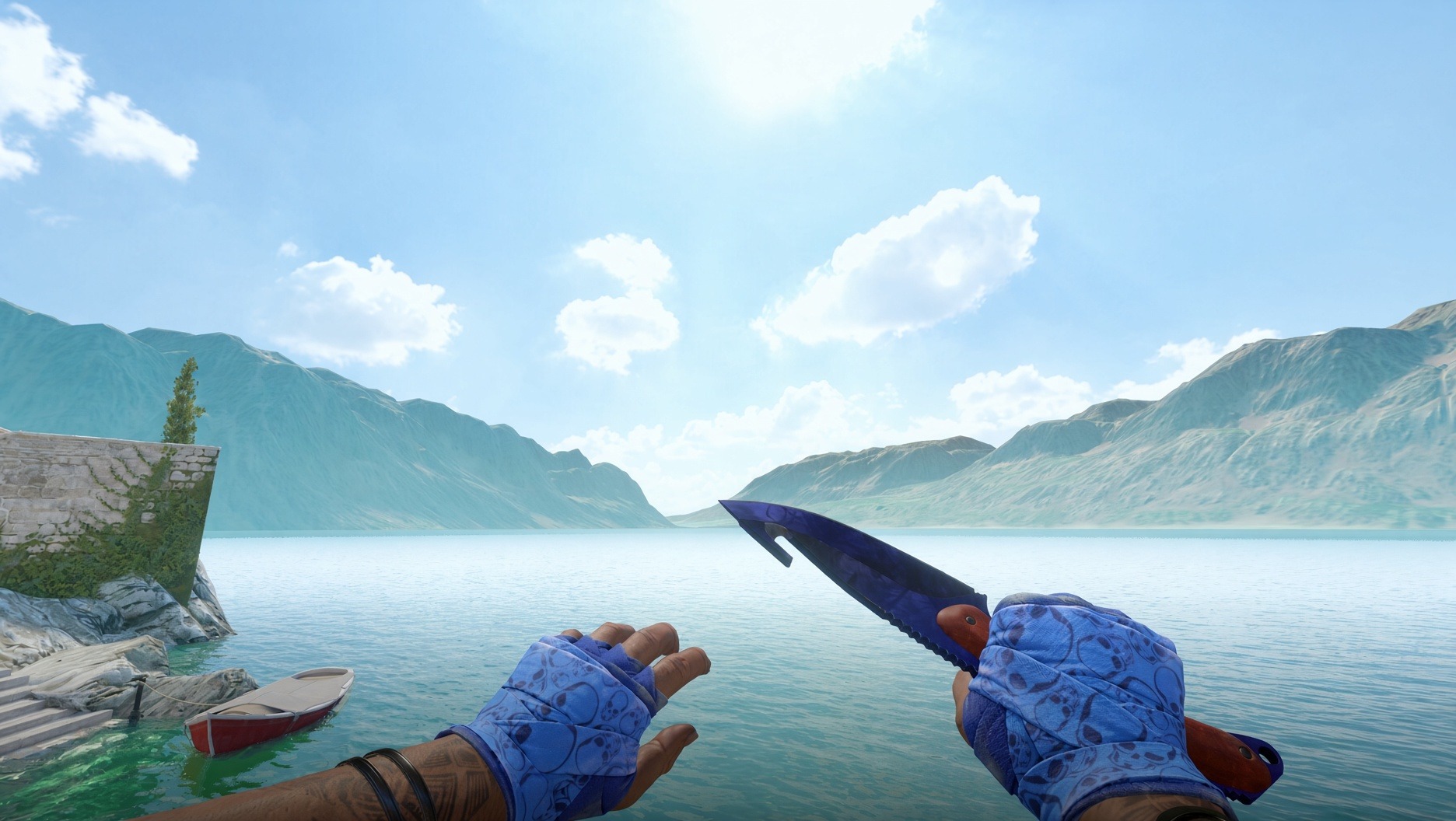Gut Knife | Doppler Phase 4 and Hand Wraps | Cobalt Skulls shown in-game by a lake